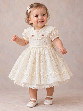 Vintage Baby Girl 2pc Dress Set Cream with Floral Accents Button Closures